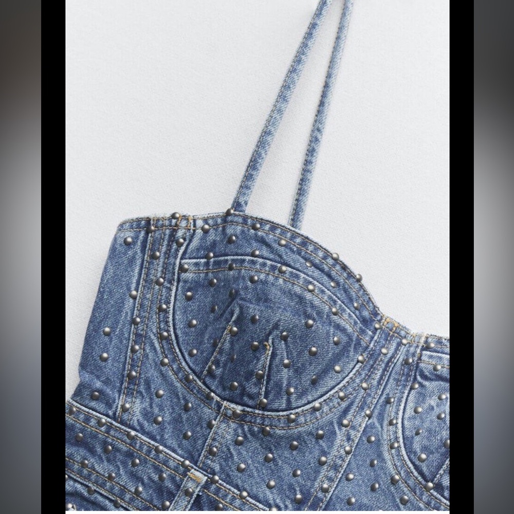 NEW ZARA Denim Dress Bustier Studded Midi Jeans Medium Blue Wash Size XS - Picture 5 of 6